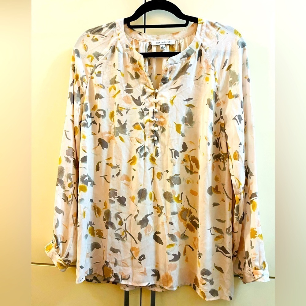 Rose Olive Tunic Shirt Top Floral Blouse Womens Sz M Long Sleeves